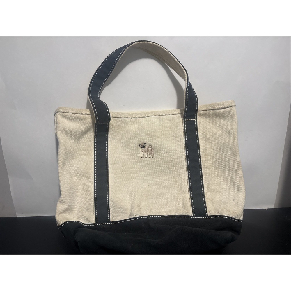 Lands End Vintage Canvas Boat Bag Rare Pug Embroidered Tote Beach Navy Cream